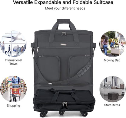 Hanke Expandable Collapsible Luggage with Wheels, Black Upgrade Version 2, 98L, Water-Resistant, 5 Spinner Wheels, 3 Pockets, Polyester, 19x13x27.2 inches, 6.1lb, Carry-On Luggage, Travel, Vacation