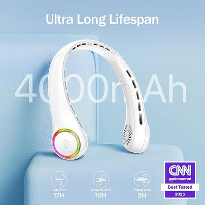 Portable Neck Fan, Personal Fan with 4000mAh Battery, Rechargeable Neck Fan with 3 Speeds and 64 Cool Lights, Birthday Gifts for Men Women Mom Dad, Hands Free Cooling fan for Summer(White)