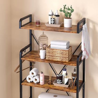 Over The Toilet Storage Rack with 3-Tier Bathroom Shelves, Space Saver Toilet Shelf, Bathroom Storage Organizer with Hooks for Over Toilet Storage and Shelf (Rustic Brown)