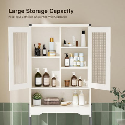 Over The Toilet Storage Cabinet with Tempered Glass Doors & Adjustable Shelf, Bathroom Organizers and Storage with Metal Stand Space Saver Over Toilet Organizer, Tall Freestanding Rack, White