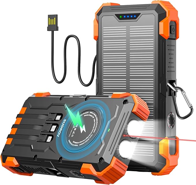 Solar Charger Power Bank, 42800mAh Wireless Portable Charger with USB-C in/Output, QC3.0 Fast Charging 15W 4 Ports Outdoor Battery Pack Built-in Dual Led Flashlights for iPhone Samsung etc