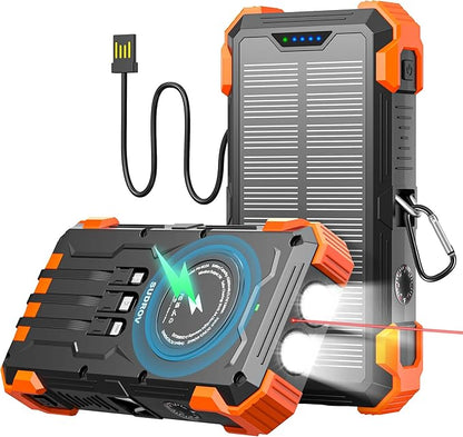 Solar Charger Power Bank, 42800mAh Wireless Portable Charger with USB-C in/Output, QC3.0 Fast Charging 15W 4 Ports Outdoor Battery Pack Built-in Dual Led Flashlights for iPhone Samsung etc