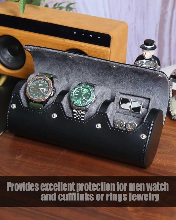 Watch and Cufflink Organizer for Men - Portable 2 Slot Display Storage Box With Velvet Holder for Large Watches, Rings - Travel Roll Case