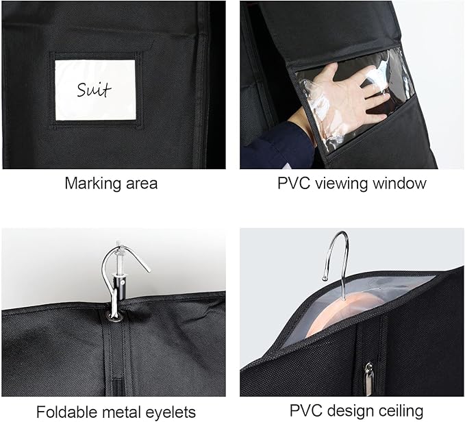 BOMEI PACK Black Garment Bags for Hanging Clothes or Travel 63" Suit Bags for Storage of Coats,Sweater, Jacket,T-shirts and Dresses(3 Packs)