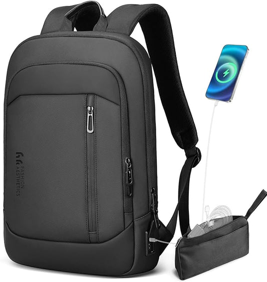 hk Ultra-Slim Laptop Backpack for Men 15.6 Inch, Lightweight Business Travel Backpack with USB Charging Port, Anti-Theft Water Resistant Computer Bag for Work Office College-Black