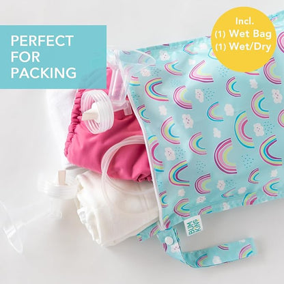 Bumkins - Waterproof Wet and Wetdry Bags - For Beach, Baby, Travel, Swim Suit, Cloth Diapers, Pump Parts, Pool, Gym, Toiletries - Reusable & Easy to Clean - Rainbows Blue - 2 Pack