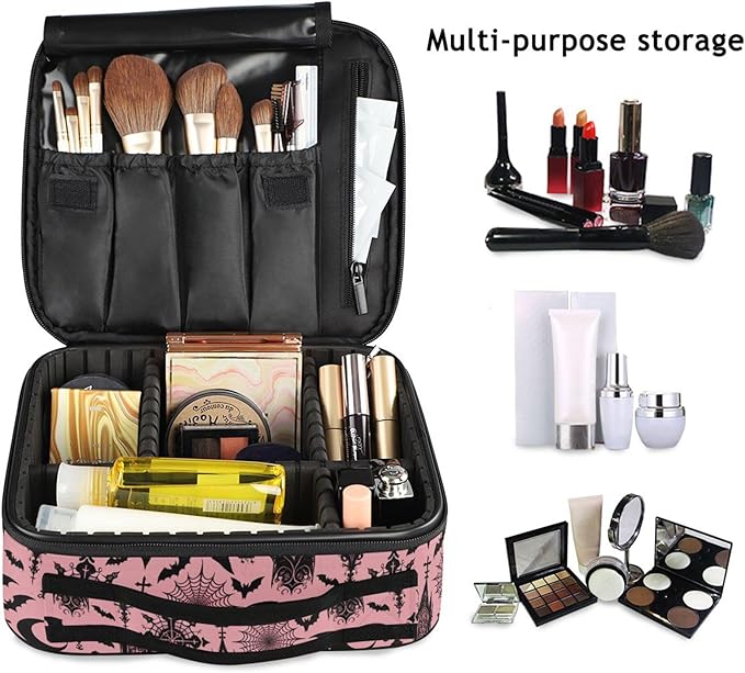 MNSRUU Travel Makeup Bag, Black Gothic Moon Spider Webs and Bats Women Makeup Case Organizer Cosmetic Toiletry Bag for Teenage Girl with Adjustable Dividers