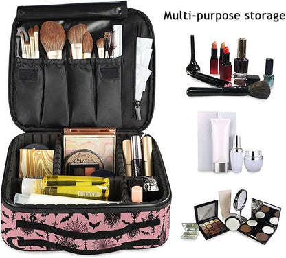 MNSRUU Travel Makeup Bag, Black Gothic Moon Spider Webs and Bats Women Makeup Case Organizer Cosmetic Toiletry Bag for Teenage Girl with Adjustable Dividers