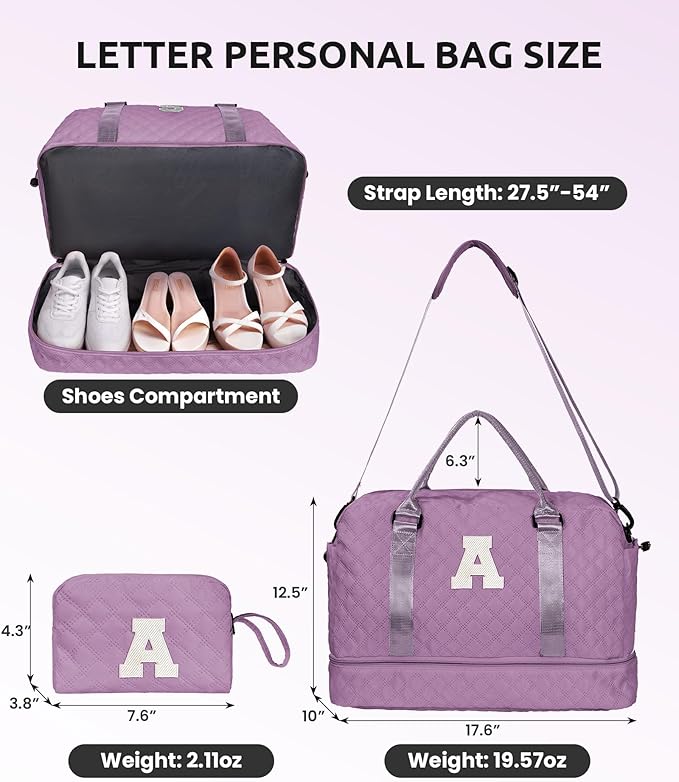 Birthday Gifts for Women - Duffle With Shoe Compartment, Personalized Weekender, Monogram Overnight Bag, Letter Travel With Makeup Bag, Preppy Gifts for Girl (Letter V)