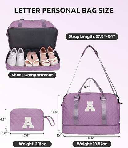 Initial Duffle Bag, Weekender Bags with Shoe Compartment and Shoulder Strap, Monogram Overnight Bag for Women Wet Pocket, Girl Travel Bag with Makeup Bag Gifts for Niece (Letter R)