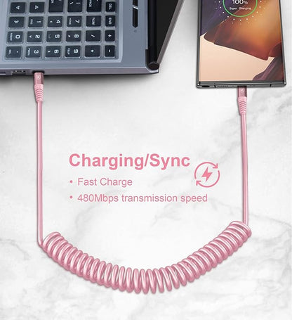 USB C to C Cable 6FT, 2Pack Coiled USB C Fast Charging Cable for Car, CarPlay iPhone USB-C Cable/Android Auto USB C Cord, USB Type C Cable for iPhone 17/16/15/Pro Max/Samsung Galaxy S23 and More-Pink