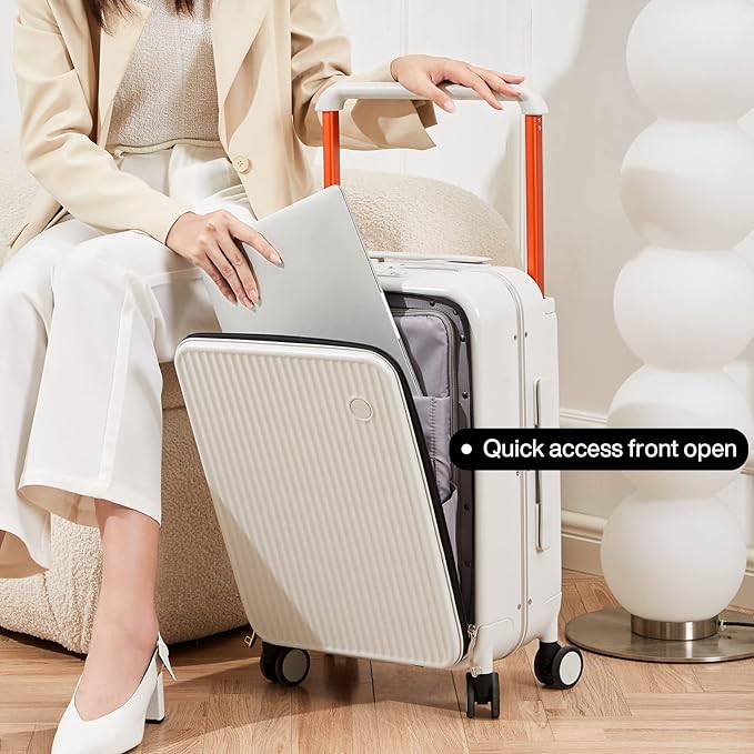 mixi Carry On Luggage 20'' Suitcase with Front Laptop Pocket, Wide Handle Rolling Travel Suitcases PC Hardshell with Aluminum Frame Spinner Wheels & TSA Lock, Carry-On Luggage(Smoke White)