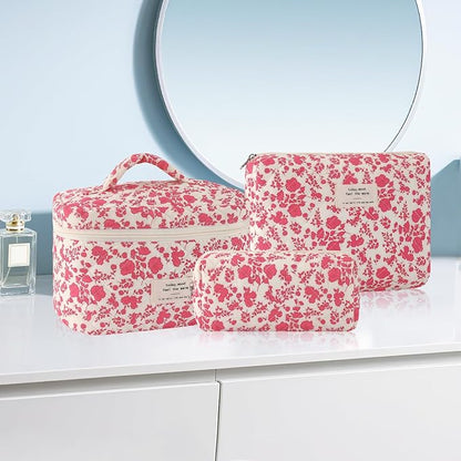 3Pcs Cotton Quilted Makeup Bag for Women Large Small Travel Cosmetic Bag Set Cute Pink Floral Print Makeup Pouch for Purse Portable Skincare Bags Coquette Vintage Puffy Travel Essential