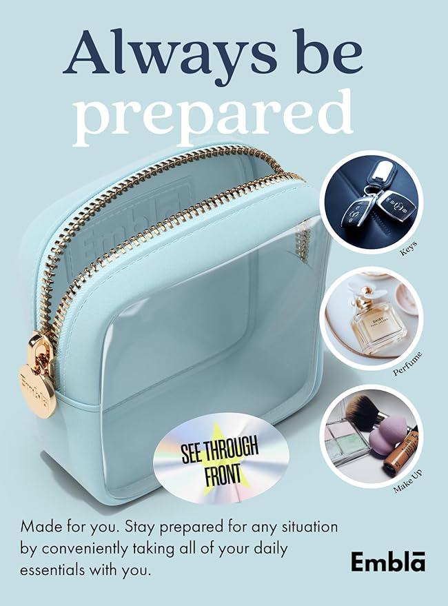 Embla London Makeup Bag Cosmetic Case, Clear Zipper Make Up Pouch and Toiletry Travel Tote, Cute Skincare Pouches for Women Girls, Preppy Purse Cosmetic Organizer, Mini Makeup Bags, Sky Blue
