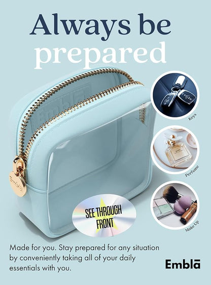 Embla London Makeup Bag Cosmetic Case, Clear Zipper Make Up Pouch and Toiletry Travel Tote, Cute Skincare Pouches for Women Girls, Preppy Purse Cosmetic Organizer, Mini Makeup Bags, Sky Blue