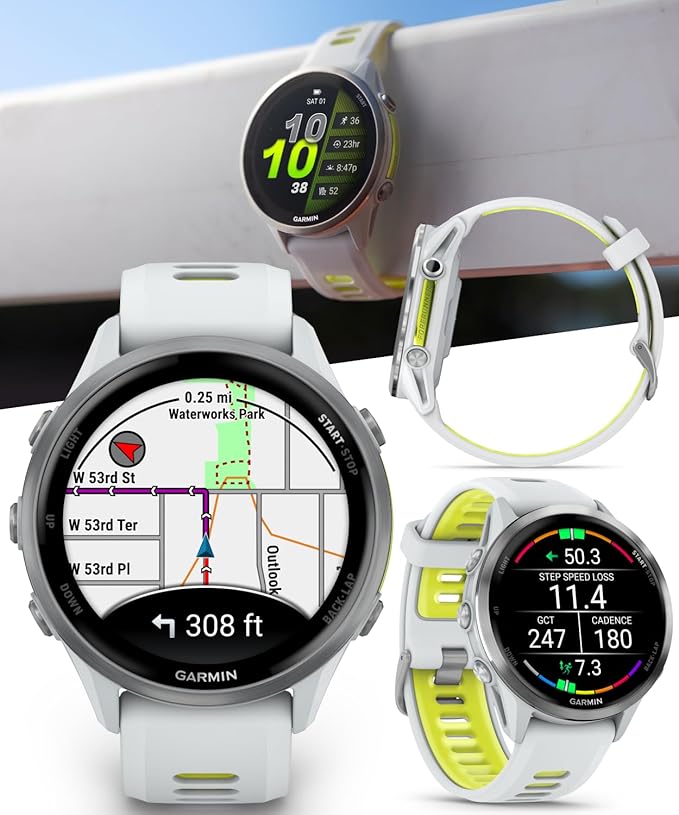 Wearable4U Garmin Forerunner 970 Titanium Smartwatch with Whitestone Case and Whitestone/Translucent Amp Yellow Band, AMOLED Display Power Bank Bundle