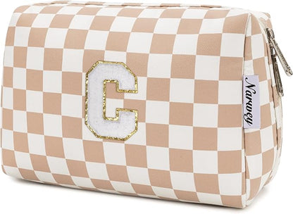 Narwey Birthday Gifts for Women Teen Girls Kids Personalized Initial Checkered Makeup Bag Cute Cosmetic Bag Trendy Stuff 6 8 10 11 12 13 14 16 18 Years Old Travel Toiletry Bag (Brown Letter C)
