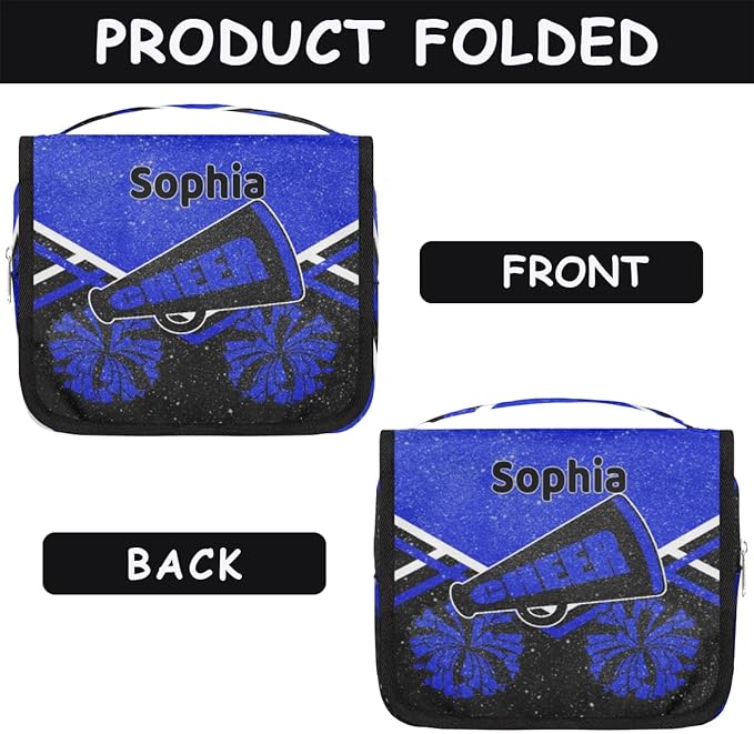 Personalized Travel Cheerleading Toiletry Hanging Bag Waterproof Bags, Custom Name Cosmetic Makeup bag Toiletries Organizer Container Bag, Royal Blue Black Glitters Effect