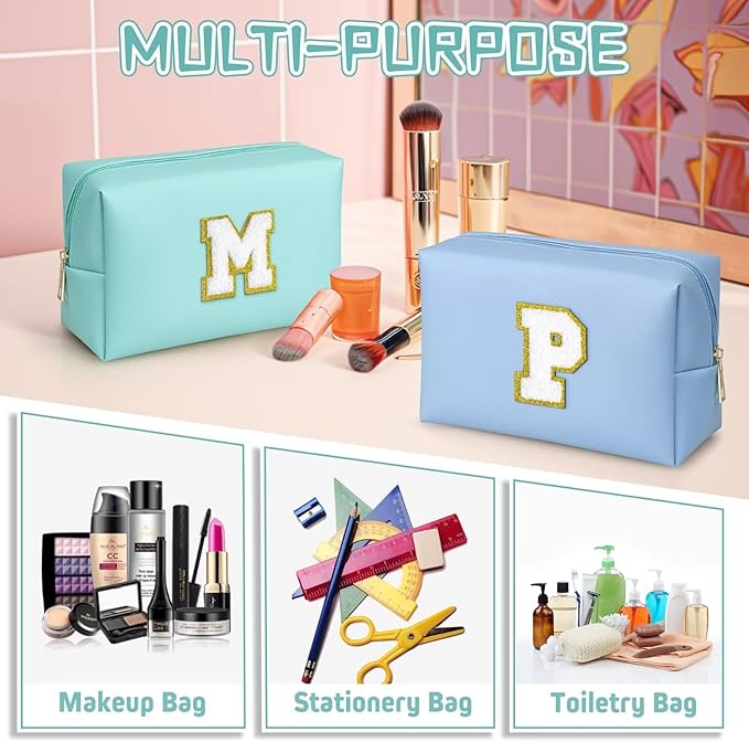 TOPEAST Monogrammed Gift for Women Girls, Personalized Initial Makeup Bags Cosmetic Bag with Zipper, Cute Makeup Pouch, PU Leather Waterproof Toiletry Bag, Preppy Gifts Stuff for Girl (Blue E)