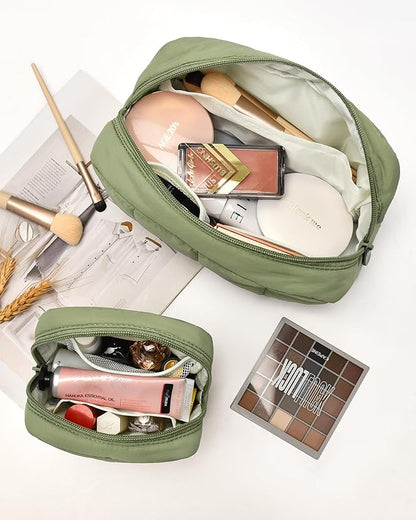 oscaurt 2 Pcs Makeup Bag Travel Toiletry Bag for Women Puffy Padded Cosmetic Pouch Purse Wide-open Makeup Organizer Case Travel Essentials