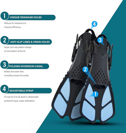 Kids Snorkeling Set Children Mask Fin Snorkel Set Snorkeling Gear Snorkel Mask + Adjustable Swimming Kids Flippers+ Dry Snorkel Tube + Travel Bags