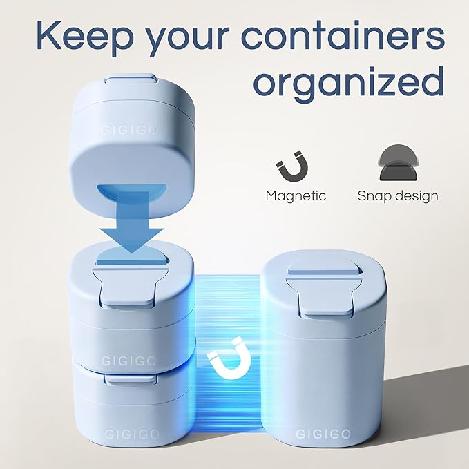 GIGIGO Magnetic Travel Containers Blue Set, 8-Pack Leakproof Refillable Cosmetic Capsules (0.68/1.69/3.04 fl oz) for Toiletries, Customizable Travel Size Jars with Lids & Labels for Shampoo, Pill