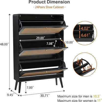 Rattan Shoe Cabinet with 3 Flip Drawers, 24 Pairs Narrow Shoe Storage Cabinet for Entryway Freestanding Hidden Shoe Rack, Modern Slim Wood Shoe Organizer for Hallway, Black