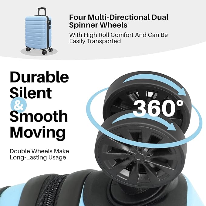 AnyZip Carry On Luggage 21" Hardside PC ABS Lightweight USB Suitcase with Wheels TSA Lock for kids Light Blue
