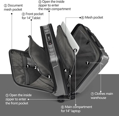 TydeCkare 16" Carry on Luggage with 2 Laptop Compartments, Lightweight Hardshell ABS+PC Suitcase with Dual Control TSA Lock, with YKK Zipper, 4 Spinner Silent Wheels, for Business Travel, Silver Grey