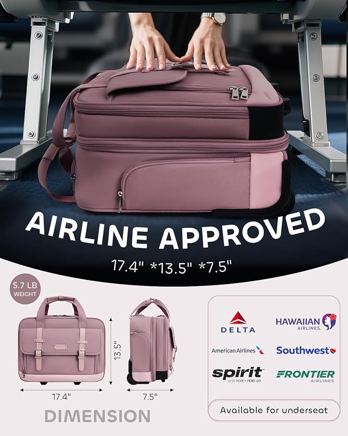 Rolling Laptop Bag Women, Rolling Briefcase for Women with Dual Lock, 17 Inch Computer Bag with Wheels, Roller Underseat Carry On Luggage Personal Item Suitcase for Work Travel Business
