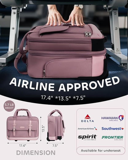 Rolling Laptop Bag Women, Rolling Briefcase for Women with Dual Lock, 17 Inch Computer Bag with Wheels, Roller Underseat Carry On Luggage Personal Item Suitcase for Work Travel Business