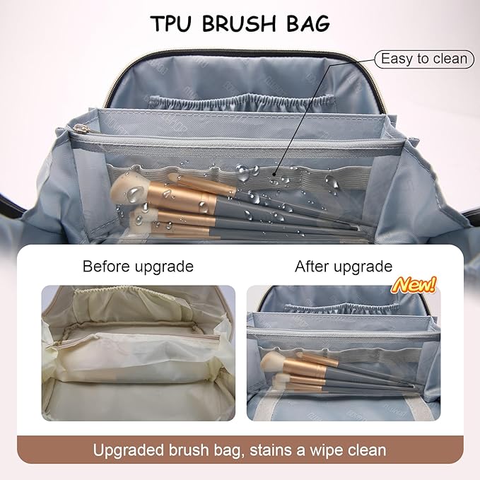 BOYATU Travel Makeup Bag for Women: 3 Pcs Set Portable Make up Bags with Handle - Leopard Print Cosmetic Bags with Comparments - Waterproof Vegan Leather Toiletry Bag (A-1-Beige)