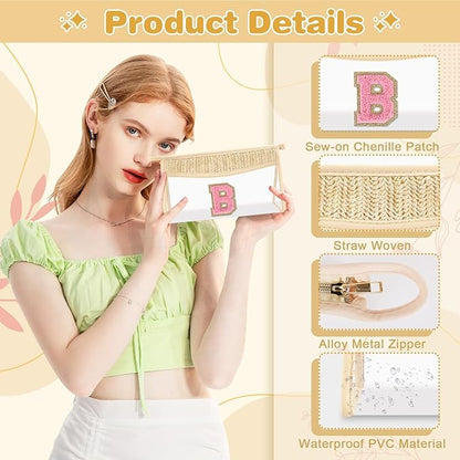 Small Boho Straw Initial Letter Makeup Bag Personalized Gift ,Cute Clear Chenille Patch Makeup Bag With Zipper,Trendy TSA Approved Travel Toiletry Bag,Gift for Women Girls Birthday Friend, Letter B