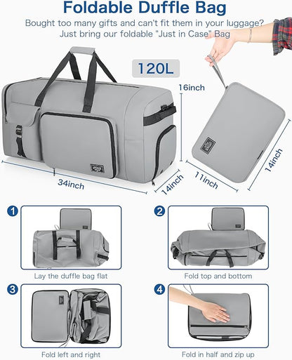120L Travel Duffle Bag for Men and Women, Urtala 34” Large Duffle Bag for Traveling with Shoes Compartment, Foldable Travel Duffel Bags, Waterproof and Tear Resistant (Gray)