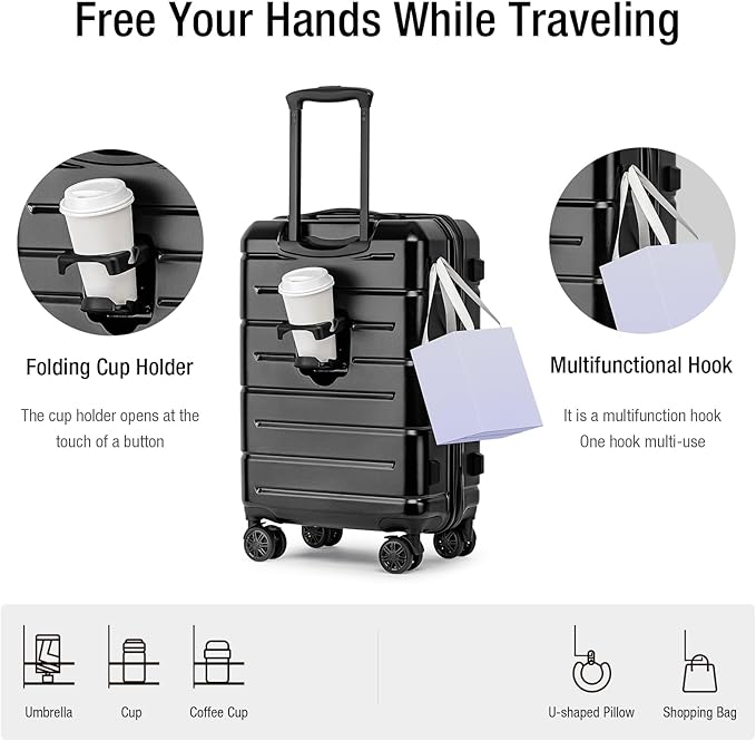 KYME Carry On Luggage 22x14x9 Airline Approved Hardshell Carry On Suitcase with TSA Lock Hardside Suitcases with Wheels Travel Rolling 22 Inch Luggage with Cup Holder for Men Women Black