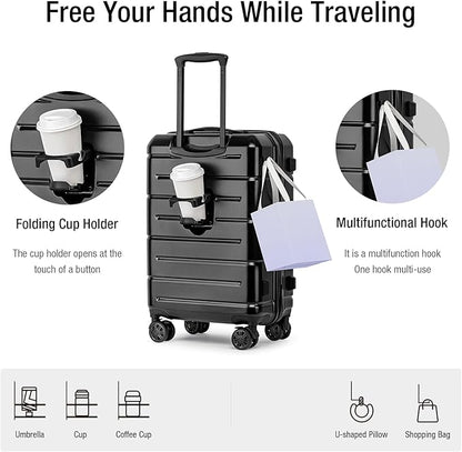 KYME Carry On Luggage 22x14x9 Airline Approved Hardshell Carry On Suitcase with TSA Lock Hardside Suitcases with Wheels Travel Rolling 22 Inch Luggage with Cup Holder for Men Women Black