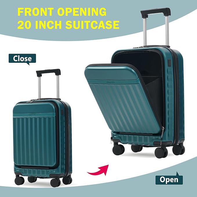 Merax Luggage Sets 2 Piece Front Opening, Hardside Lightweight Carry on Suitcase with USB Port,Durable Expandable Luggage with Bags Spinner Wheels and TSA Lock,Dark Green
