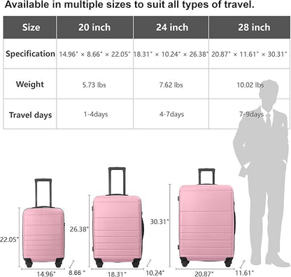 3-Piece Luggage Sets (20", 24", 28"), Suitcase with Wheels, Hardside Suitcase With Four Spinner Wheels and Scratch-Resistant Surface (ABS Hardshell, Pink)