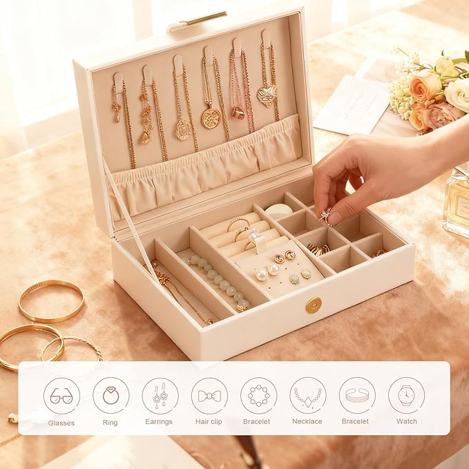 Portable Jewelry Organizer Box with Leather Strap Single Layer Storage for Earrings, Necklaces, Rings Travel Jewelry Case for Women White
