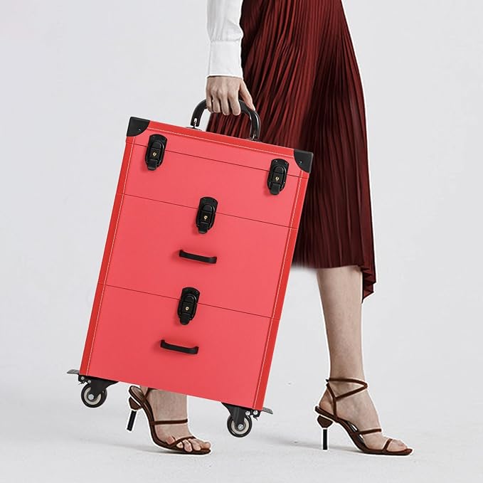 Rolling Makeup Case w/ 2 Keys, 3-tier Lockable Makeup Train Case w/ Drawers, Removable Baffle Nail Polish Organizer, Travel Cosmetic Case w/ 15-34in Telescopic Rod, 14.2*9*39.76in, Black Latch+Rose