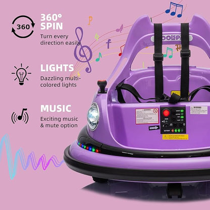 12V Bumper Car for Kids, Bumper Car for Toddlers W/Remote Control, Electric Ride On Car with LED Lights & 360 Degree Spin, Bluetooth, Anti-Collision Padding 5-Point Safety Belt, Purple