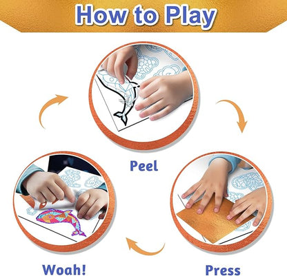 FLUXOJOY Foil Art Craft Kits for Kids, Mess -Free Fun Activity Set for Child, DIY Printing Craft Kits, Christmas Gifts for Ages 4 5 6 7 8 9 10 11 12 Years and Up, Art Travel Toys for Boys Girls
