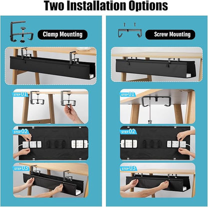 Oxford Cloth Under Desk Cable Management Tray,No-Drill 48" Desk Cable Management Organizer with Clip/Screw Installation,Holds Up to 70 lbs,Fabric Cable Management for Home,Office & Gaming Computer