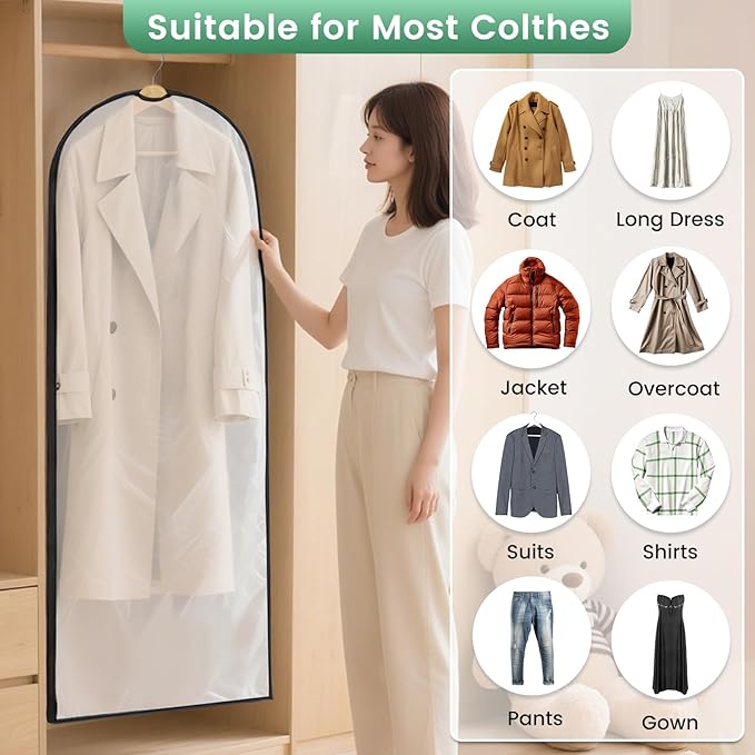 6 Pack Garment Bags for Hanging Clothes - Translucent Suit Bag for Closet Storage, Clothes Cover for Hanging Shirts, Dresses, Travel, Moving - Black