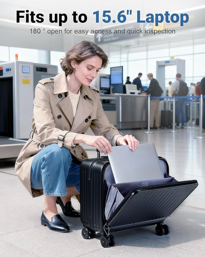 Lekebobor 16 Inch Small Carry on Luggage with Wheels, Airline Approved Hard Shell Suitcase with TSA Lock Front Pocket for Travel for Women Men, Black