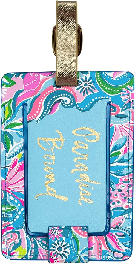 Lilly Pulitzer Leatherette Luggage Tag with Secure Strap, Colorful Suitcase Identifier for Travel