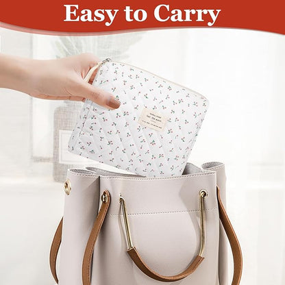 Floral Makeup Bag, Small Cosmetic Bag for Women Girls, Cute Cotton Makeup Bag, Quilted Makeup Bags, Flower Travel Toiletry Organizer Bag(White Cherry)