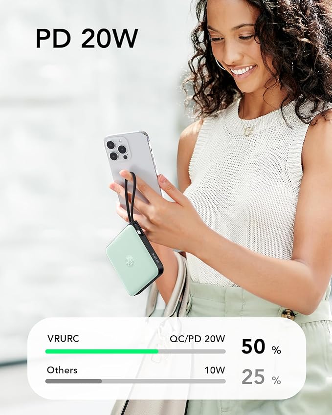 VRURC Portable Charger USB C, Power Bank with Built-in Cable, 10000mAh 20W Battery Pack for iPhone 16 15 14 Samsung Galaxy S23 S22 Google, Note 20, Pixel, Moto, LG Android Phone, Green(1 Pack)