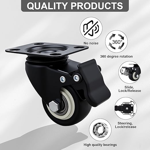 2 Inch Wheel Casters,Set of 4 Heavy Duty Casters,with Brake,No Noise Locking Polyurethane (PU) Wheels, for Furniture and Workbench Load 800lbs