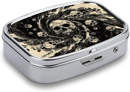 Metal 2 Compartment Pill Organizer Travel Friendly Portable Compact Pill Box Cute Pill Case,for Pocket Wallets Daily Portable Medicine Vitamin Tablet Storage (The Skeleton in The Vortex)